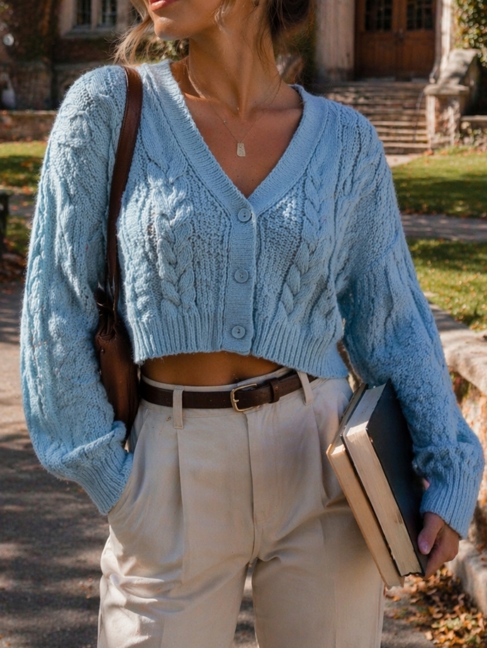 NWT Kuwalla Blue Cable Knit Cropped Cardigan Button Front Preppy Coastal Sweater